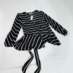 LOFT Blouse Womens Large Black Cream Striped 3/4 Sleeves V-Neck Wrap Top New